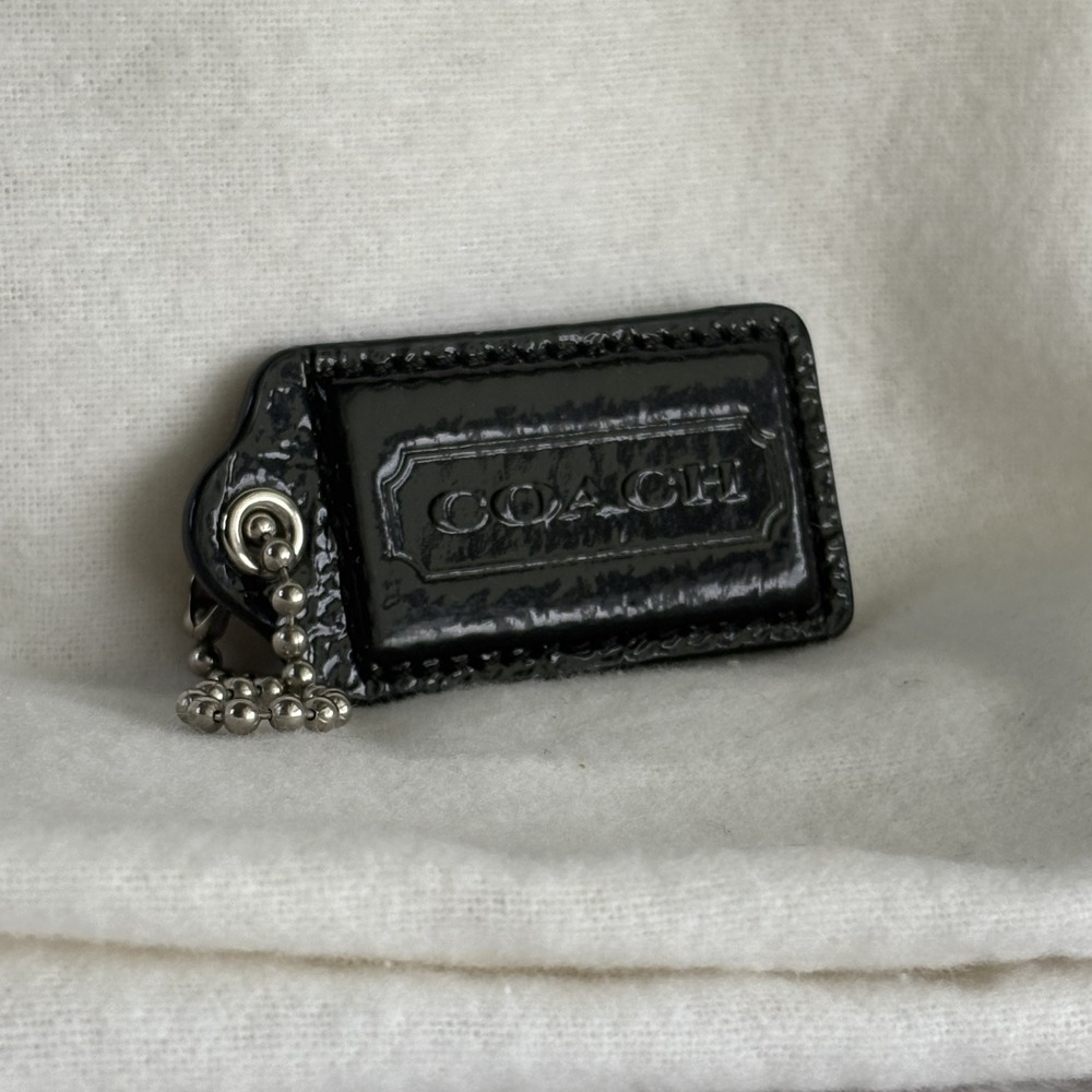 COACH 2.25" Hang Tag Fob Bag Charm Black Patent Leather, Silver Ball Chain